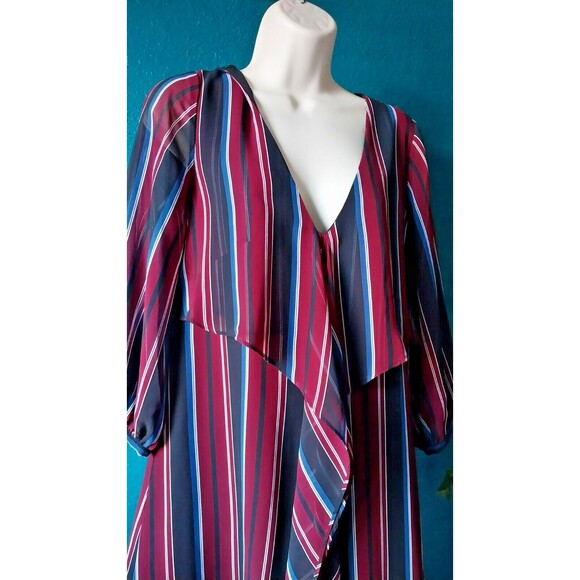 Madewell Maxi Dress Womens 8 Wraparound Black Red Blue Stripe V Neck 3/4 Sleeve - Picture 4 of 10